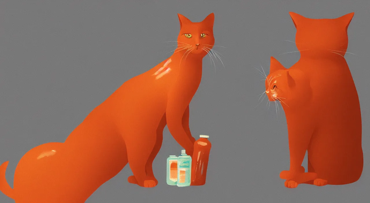 Prompt: a cat standing next to a bottle of medicine. the cat was orange in color. animal. digital art. pixabay. shutterstock. artstation.