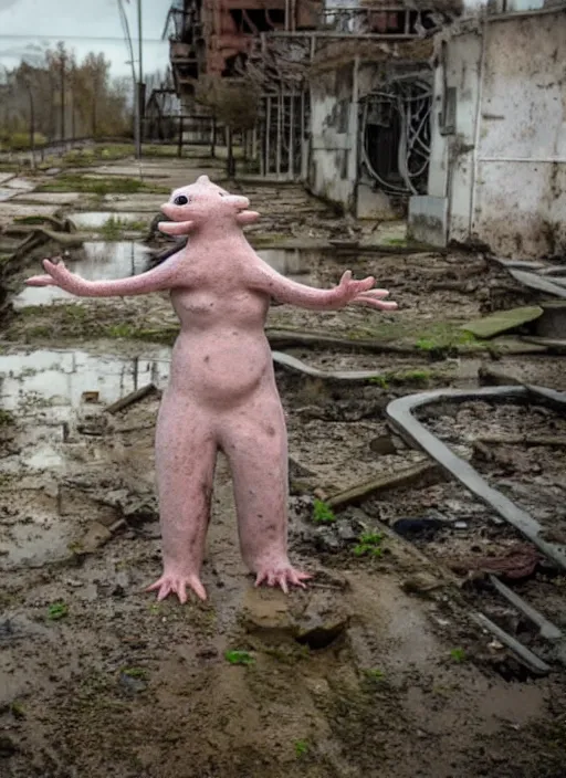 Image similar to humanistic anthropomorphic female axolotl exploring the ruins of chernobyl wasteland