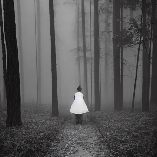 Prompt: a foggy white and black old photograph of a witch floating in the middle of wood, trees, dark, scary, detailed, fog, mist, blair witch project style