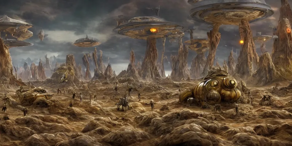 Prompt: surreal landscape bizarre parade deep perspective small biomorphic creatures in background large disturbing humanoid in the foreground perfect composition golden ratio epic scene unreal render hyperrealistic detail Star Wars