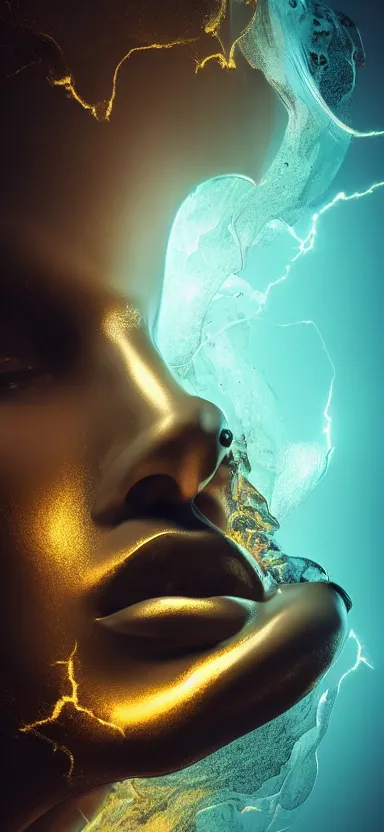 Image similar to epic, abstract sculpture of beautiful female face and black swirling liquifying acrylic portrait, fluffy clouds, golden hour, beautiful light, 3 d sculpture of carving marble, dark colors, dark mood, one point lightning, golden spirals, epic matte painting, concept art