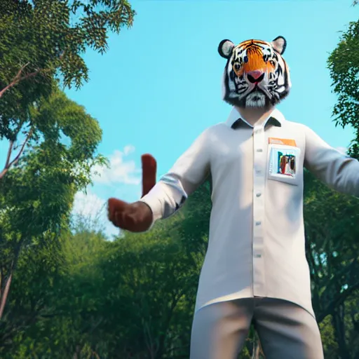 Prompt: a scientist man with a tiger head and a white blouse, ultra detail, ultra realistic, unreal engine, 8 k