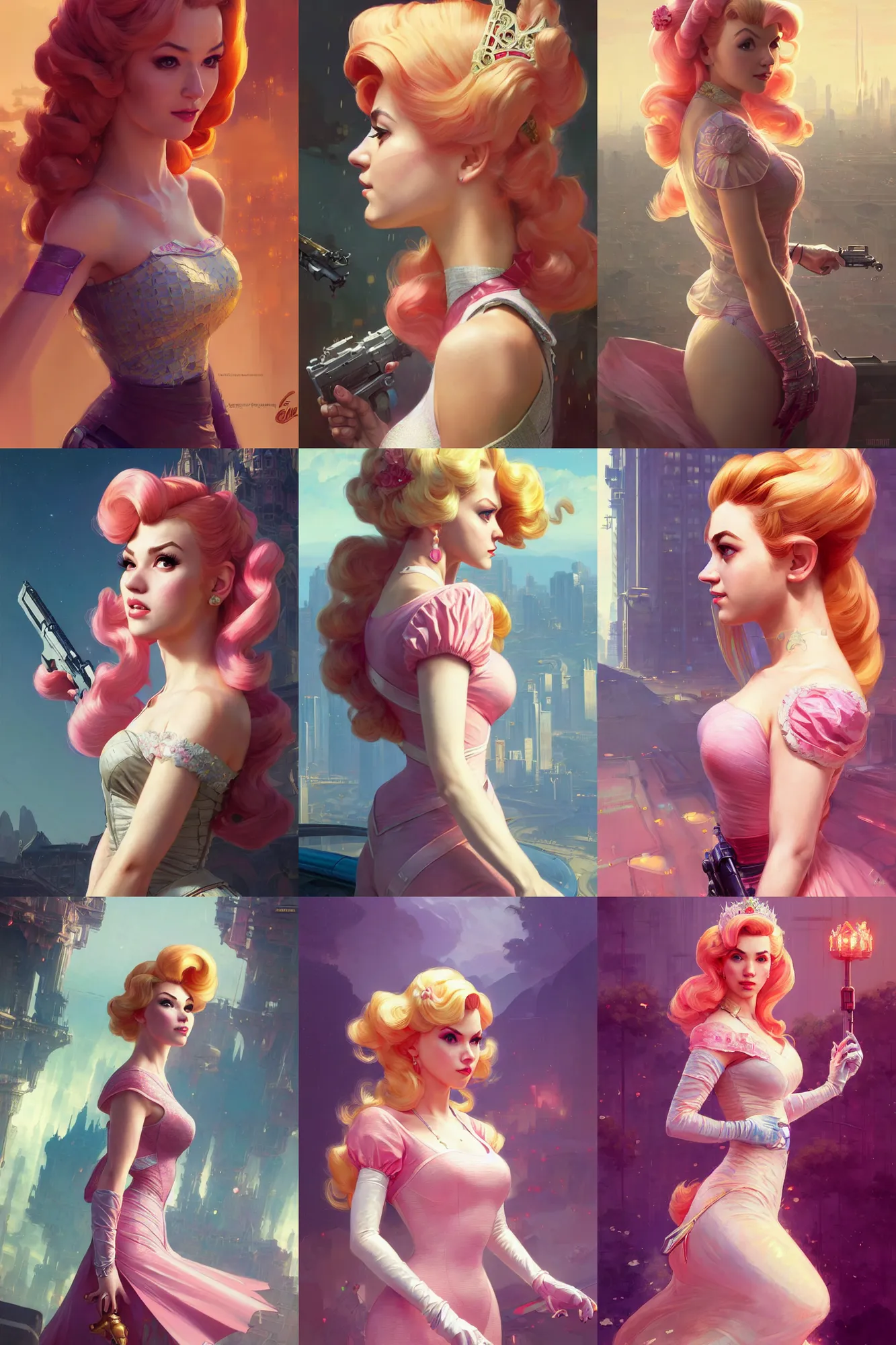 Image similar to gta 5 princess peach profile picture by greg rutkowski, dynamic pose, intricate, futuristic, fantasy, elegant, by stanley artgerm lau, greg rutkowski, thomas kindkade, alphonse mucha, loish, norman rockwell, fantasy lut, asymmetric, long hair, retro computer graphics, video game, fluid lines,