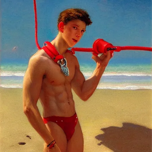 Prompt: “ tom holland as a lifeguard wearing red swimtrunks, whistle hanging from his neck, beach, sunshine painting by gaston bussiere, craig mullins, j. c. leyendecker, tom of finland ”