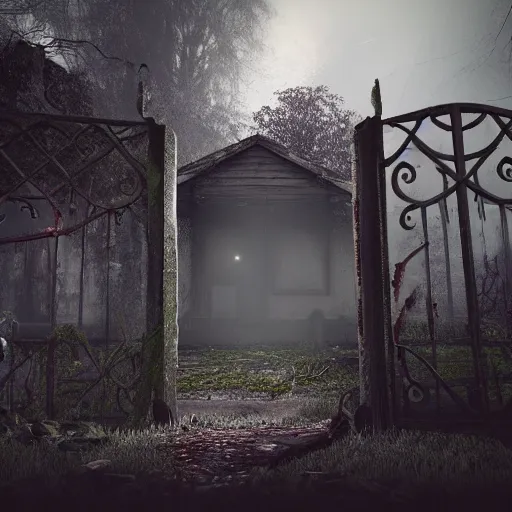 Prompt: a zombie at the gate of a decrepit house, night, misty, scary, spooky, octane render