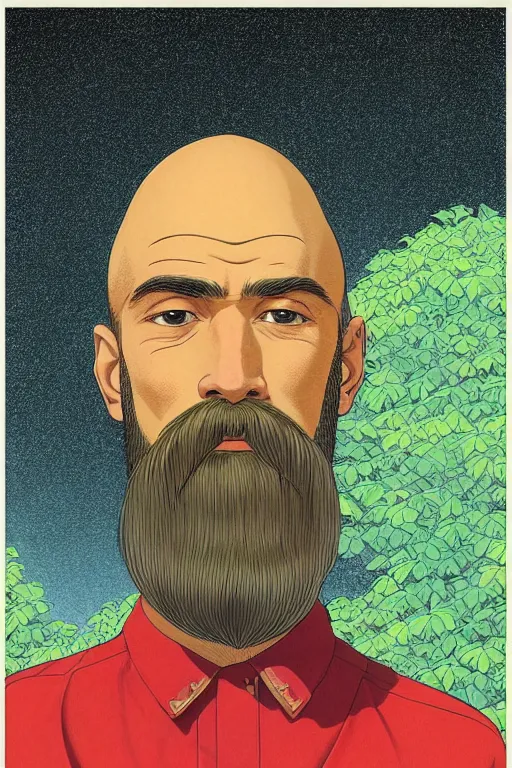 Image similar to a colorful closeup portrait of a handsome young bald man with a very long wild beard and handlebar moustache riding a motorcycle and dreaming psychedelic hallucinations in the overgrown landscape of amazon jungle, by kawase hasui, moebius and edward hopper, colorful flat surreal design, hd, 8 k, artstation