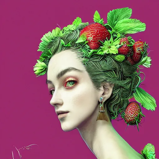 Prompt: the portrait of an absurdly beautiful, graceful, elegant, sophisticated, fashionable woman made of strawberries and green petals, an ultrafine hyperdetailed illustration by kim jung gi, irakli nadar, intricate linework, bright colors, octopath traveler, final fantasy, unreal engine 5 highly rendered, global illumination, radiant light, detailed and intricate environment
