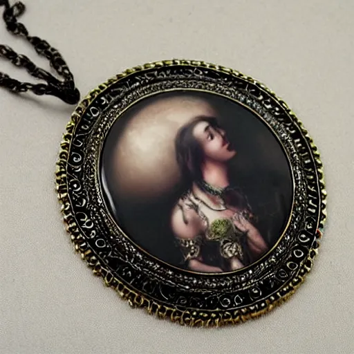 Prompt: semi - realistic gothic style big necklace with rococo ornamental bezel and a pendant of a dark style vampiress artistic necklace