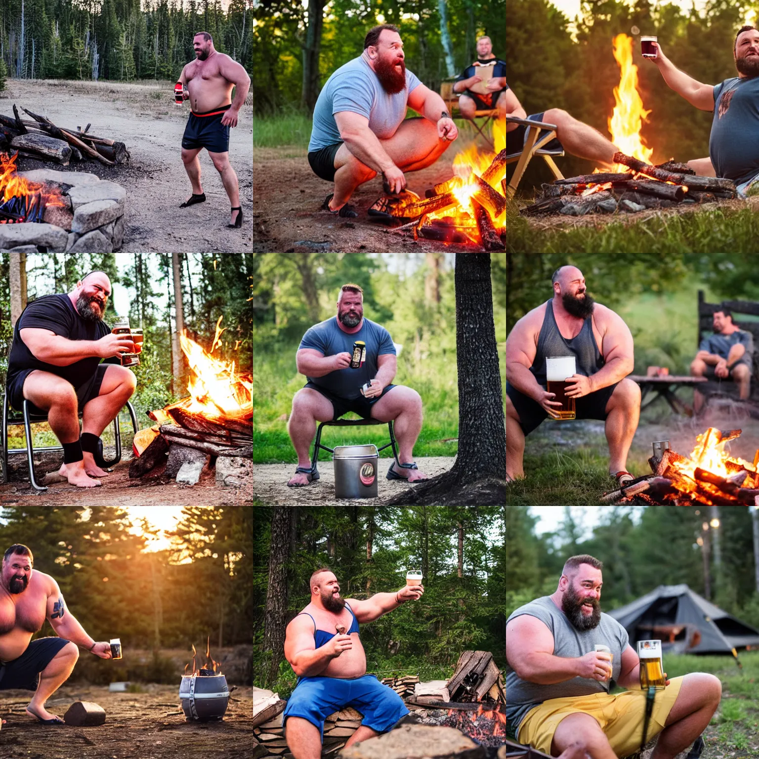 Prompt: a big burly strongman drinking a beer in front of a campfire, dad energy, flip flops, shorts, summer dusk, photography