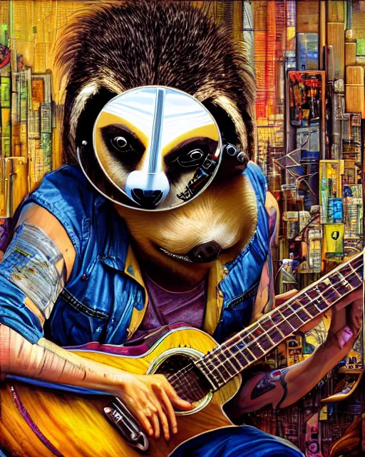 Image similar to a portrait of an anthropomorphic cyberpunk sloth strumming a 1 2 string acoustic guitar by sandra chevrier, by jon foster, detailed render, tape deck, epic composition, cybernetics, 4 k realistic, cryengine, realistic shaded lighting, sharp focus, masterpiece, by enki bilal