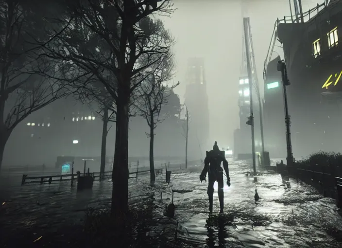 Prompt: dark, misty, foggy, flooded, new york city swamp street in destiny 2, rain, liminal, dark, dystopian, large creatures in distance, abandoned, highly detailed 4 k 6 0 fps in - game destiny 2 gameplay screenshot leak