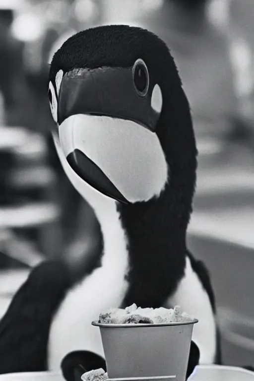 Prompt: an anthropomorphism toucan enjoying a meal at mcdonalds, photo taken in 1 9 6 6, highly detailed photography, 3 5 mm, natural light, bokeh effect