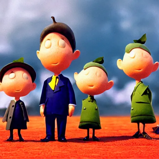 Image similar to men with pikmin heads wearing suits in james and the giant peach