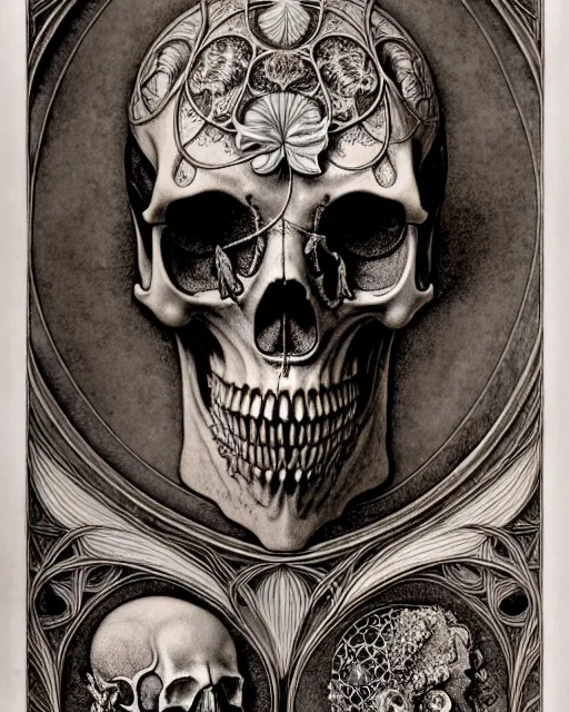 Image similar to art forms of nature by ernst haeckel, memento mori by arthur rackham, ornate antique porcelain beautiful skull mask, ultrasharp, photorealistic, hyperdetailed, octane render, polished, art nouveau, neo - gothic, gothic, intricate ornamental organic filigree, art nouveau botanicals, art forms of nature by ernst haeckel, horizontal symmetry, symbolist, visionary