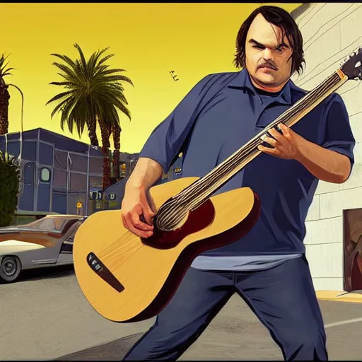 Image similar to jack black portrait with a guitar in gta v cover art, hyper realistic, highly detailed