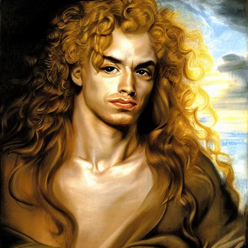Prompt: beautiful portrait painting of Dio Brando with long curly blond hair, delicate young man wearing an open poet shirt smiling sleepily at the viewer, symmetrically parted curtain bangs, in love by Peter Paul Rubens and Seb Mckinnon
