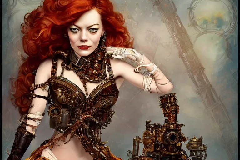 Image similar to three-quarters pose portrait of Emma Stone as a beautiful Lady Mechanika, very beautiful young woman, ginger wavy hair, Victorian-era push-up underwire. Intricate, steampunk imagery themed, D&D!, fantasy style, sharp focus!, ultra detailed, art by Artgerm and Peter Andrew Jones