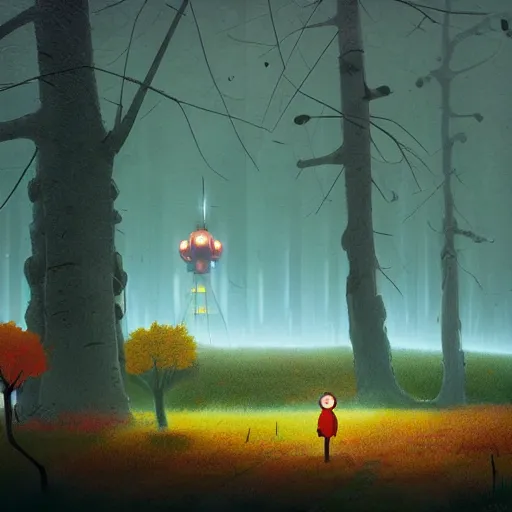 Prompt: It's the autumn, the wind blow the mist on a field, we're close to a forest. A child in a scifi outfit is looking at a big robot while a spaceship is flying above, in the style of Simon Stålenhag