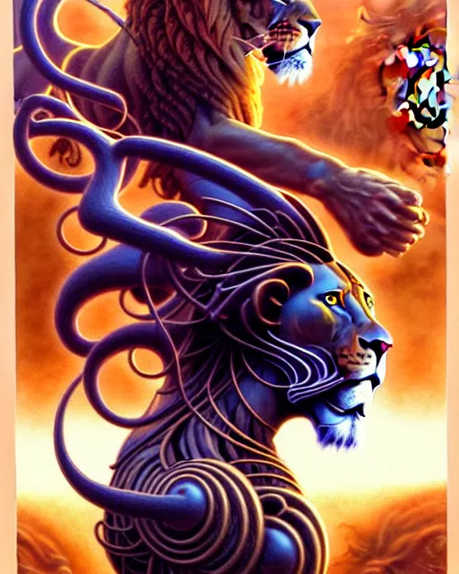 Image similar to a person and a lion tarot card, fantasy character portrait made of fractals, ultra realistic, wide angle, intricate details, the fifth element artifacts, highly detailed by peter mohrbacher, hajime sorayama, wayne barlowe, boris vallejo, aaron horkey, gaston bussiere, craig mullins