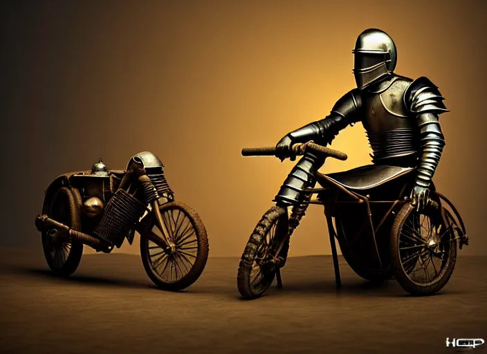 Image similar to knight in armor in a motorcycle dirt helmetin a wheelchair do tricks & watch old tv, rome, highly detailed, soft lighting, elegant, by edward hopper and james gillard, zdislaw beksinski, stephen outram, andreas m wiese, highly detailed, masterpiece. fashion studio lighting. edward _ hopp, unreal 6, 8 k