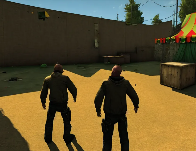 Image similar to CS:GO screenshot of walter white and jesse pinkman in a circus, HD, trending on tumblr, full screen, zoomed in, HUD included, first person