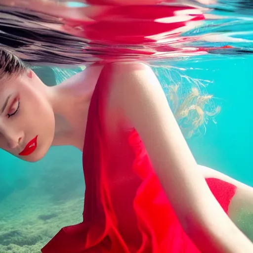 Prompt: beautiful portrait of fashion model in red silk underwater