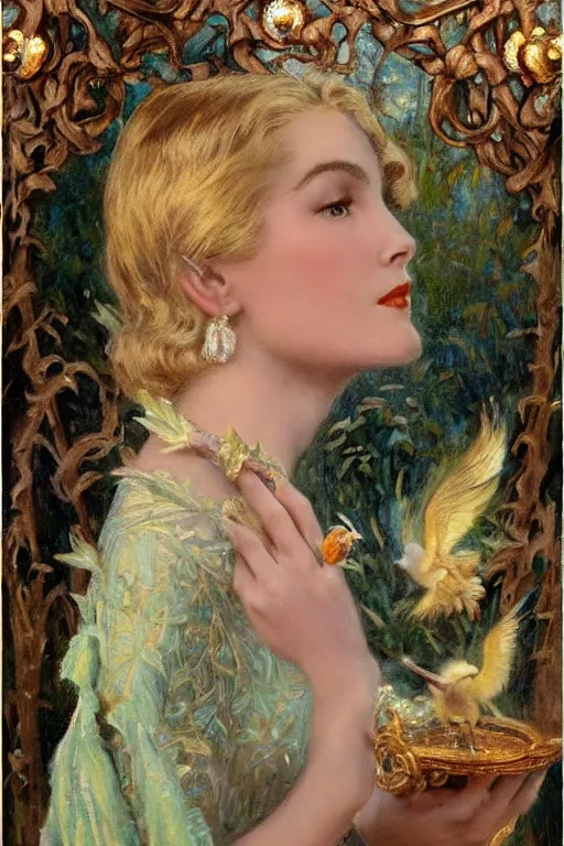 Prompt: A young and extremely beautiful Grace Kelly explaining the birds and the bees in the style of Gaston Bussière, art nouveau, art deco. Extremely lush detail. Night scene. Perfect composition and lighting. Award-winning mixed media photograph f1.8. Surreal. A shaft of moonlight illuminates her.