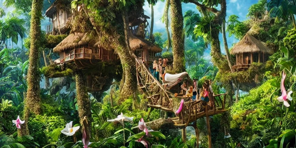 Prompt: live action cinematic version of swiss family robinson where gravity doesn't exist, robinson family treehouse on a floating island, volumetric lighting, blooming tropical flowers and datura, cinematic
