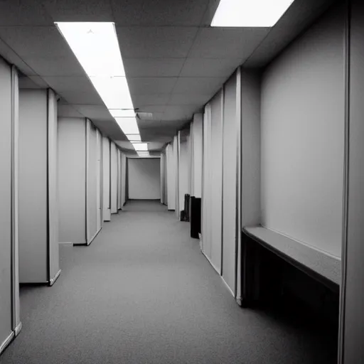 Image similar to the backrooms : an endless maze of randomly generated office rooms and other environments. it is characterized by the smell of moist carpet, walls with a monochromatic tone of dirty off - white, 1 9 8 0's style carpeted walls and buzzing fluorescent lights % 5 0 working, general sense of run down and abandonment