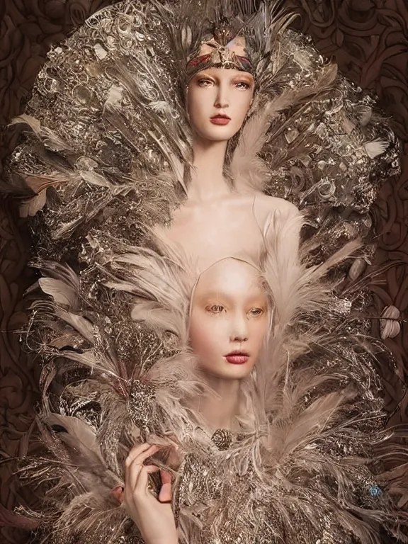 Image similar to realistic 3d character render of a beautiful model in the bergdorf goodman windows, veiled, embellished sequined,feather-adorned,by tom bagshaw,Cedric Peyravernay,William Holman Hunt,William Morris,Catherine Nolin,metropolis,Gucci,Dior,trending on pinterest,maximalist,glittering,feminine