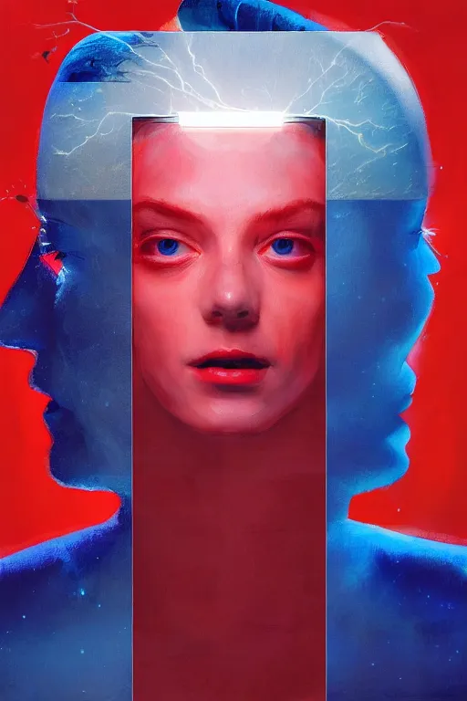 Image similar to 3 d, sci - fi, morning, stanley kubrick smiling fashion model face, sun, cinematic, lightning clouds, vogue cover style, poster art, light red and deep blue mood, realistic painting, intricate oil painting, high detail, figurative art, multiple exposure, poster art, 3 d, by tooth wu and wlop and beeple and greg rutkowski