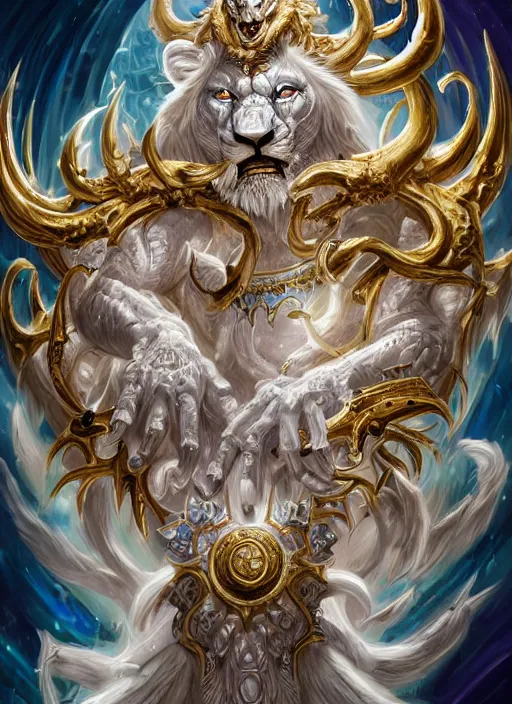 Image similar to anthropomorphized white lion wizard casting magic bright light spell, tzeentch, smiling, casting spell, concept art, insanely detailed and intricate, hypermaximalist, elegant, ornate, hyper realistic, super detailed, art deco, cinematic, trending on artstation, magic the gathering artwork