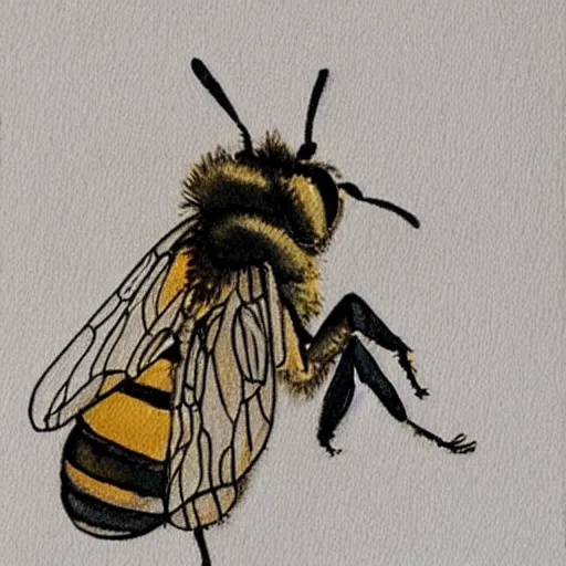 Prompt: a watercolor of a honeybee wearing a top hat