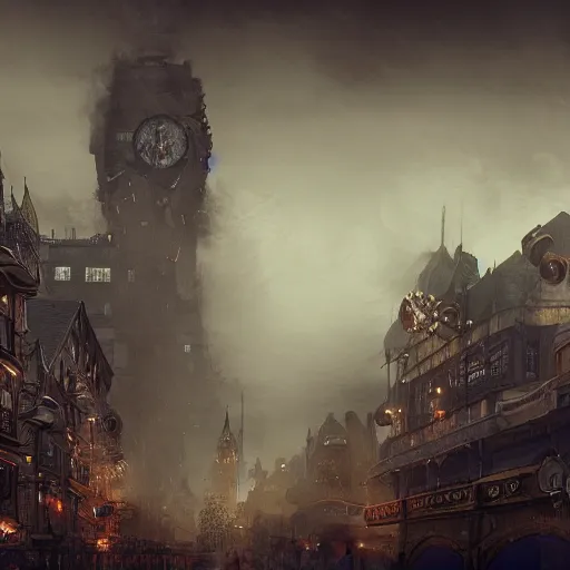 Image similar to a steampunk city shrouded in fog, highly detailed, 8k, sharp focus, trending on artstation