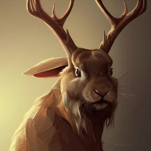 Image similar to Geometric Rabbit with antlers, intricate, elegant, highly detailed, digital painting, artstation, concept art, smooth, sharp focus, illustration, art by artgerm and greg rutkowski and alphonse mucha