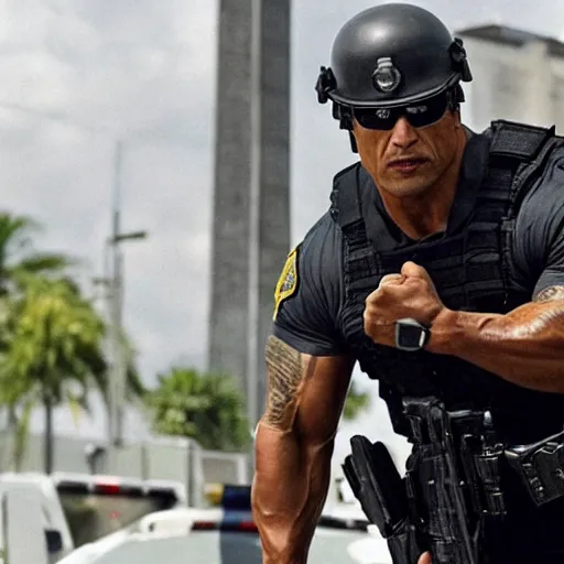 Image similar to a film still Dwayne Johnson as police swat