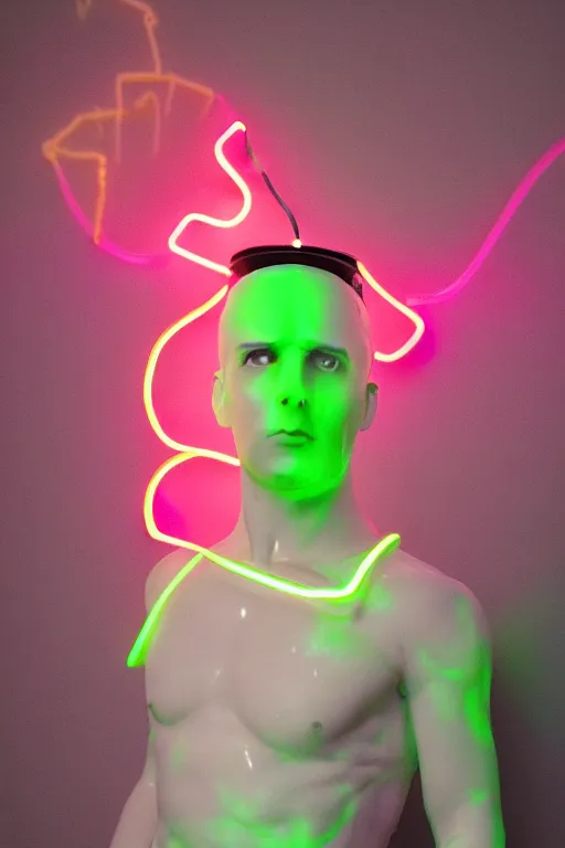 Image similar to full-body neon porcelain baroque bladerunner greek style sculpture of a young royal Ozuna as a high-fashion half-robot wearing retro shades with a porcelain body with an opening exposing a battery leaking green glowing radioactive liquid, electric sparks, glowing violet laser beam eyes, crown of giant rubies, flowing pink and orange neon-colored silk, luminescent fabrics, mechanical raptors. baroque and steampunk elements. full-length view. baroque element. intricate artwork by caravaggio. Very very very very highly detailed epic photo of face. Trending on artstation, octane render, cinematic lighting from the right, hyper realism, octane render, 8k, depth of field, 3D