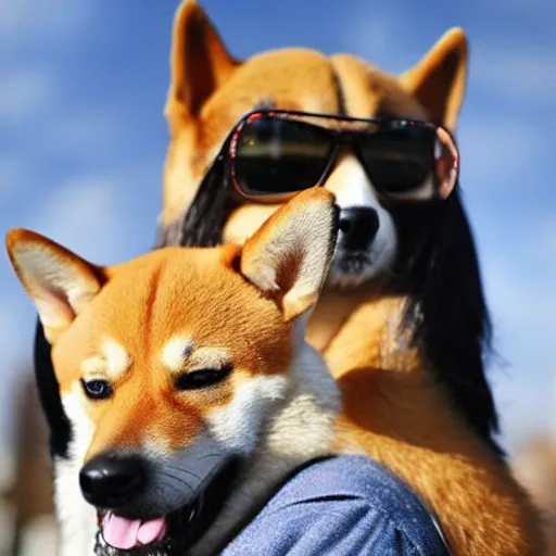 Prompt: a man with a shiba inu dog on his shoulder, anime still