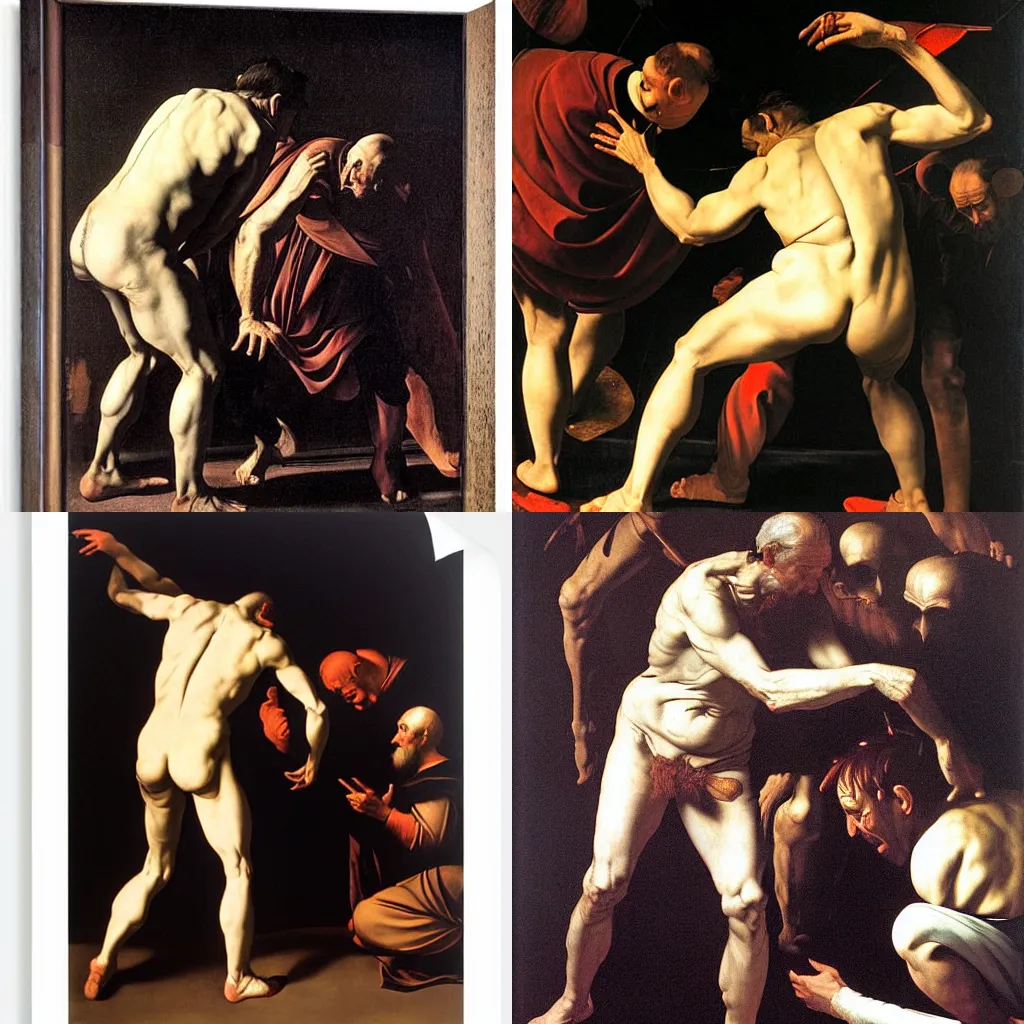 Prompt: man meeting the devil by Caravaggio