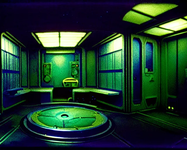 Prompt: interior shot of a space port at night, aquatic plants, shabby chic, cinematography by Jim Jarmusch, composition by Hale Woodruff,in the style of Addy Campbell, set design by Ed Wood, 35mm, graflex, color film photography