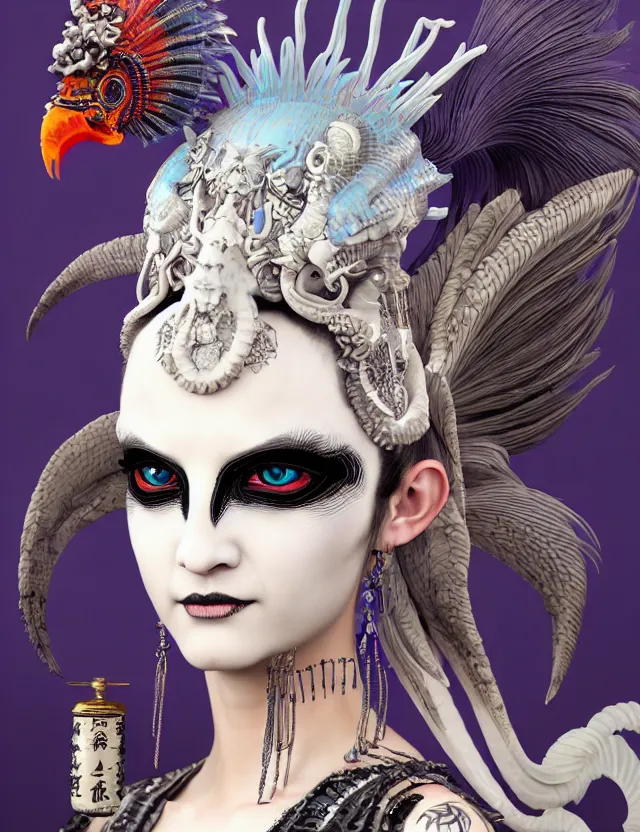 Image similar to 3 d goddess close - up profile portrait punk with mohawk in victorian style with ram skull. beautiful intricately detailed japanese crow kitsune mask and clasical japanese kimono. betta fish, jellyfish phoenix, bio luminescent, plasma, ice, water, wind, creature, artwork by tooth wu and wlop and beeple and greg rutkowski