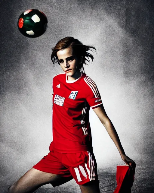 Image similar to a portrait of emma watson wearing lokomotiv football shirt, hyper realistic