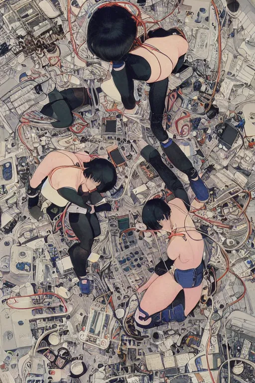 Image similar to a hyper-detailed magazine cover illustration of a group of four female androids' body pieces with cables and wires coming out, lying scattered over an empty floor, by masamune shirow and katsuhiro otomo, view from above, japan 1980s