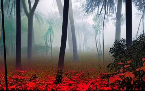 Image similar to a beautiful landscape of a foggy jungle, red and orange color scheme, hyperdetailed, vivid colors, photorealist, 4 k