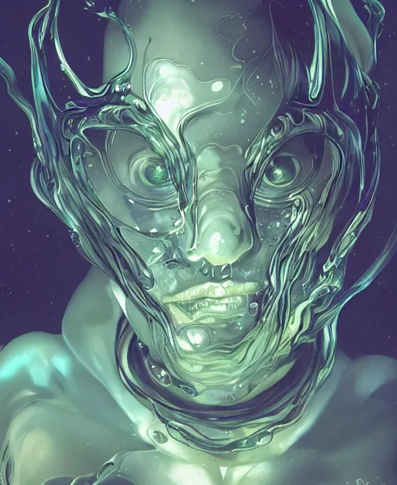 Image similar to portrait of a shining slime dripping geometric angular genderless insect alien monster, muscles, rippling, space warping and twisting, ultra realistic, concept art, intricate details, eerie, highly detailed, photorealistic, octane render, 8 k, unreal engine. art by artgerm and greg rutkowski and alphonse mucha