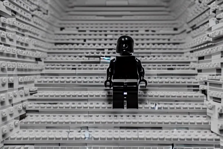 Image similar to a small faceless figure walking down a darkened stairway made of lego, horror film