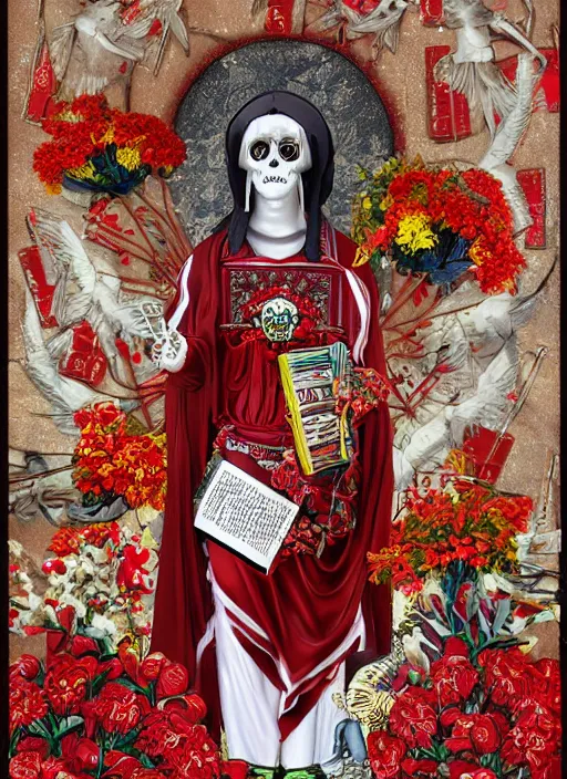 Prompt: masterpiece of Santa muerte with a book in her hand and surrounded by red and white flowers guns and ammunitions offered by devotees, no crop, digital visionary art, extremely high detail, post processed,