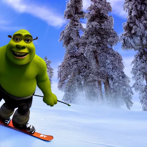 Prompt: shrek skiing, smiling, full body shot, cinematic lighting, studio quality