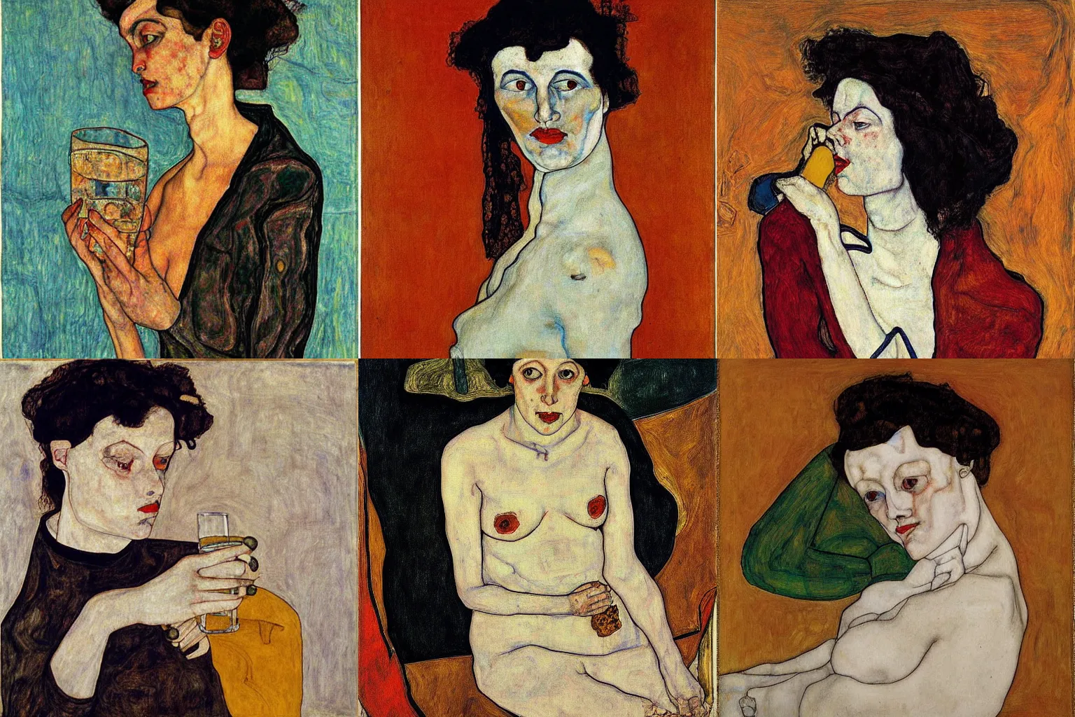 Prompt: Drinking lady by Egon Schiele