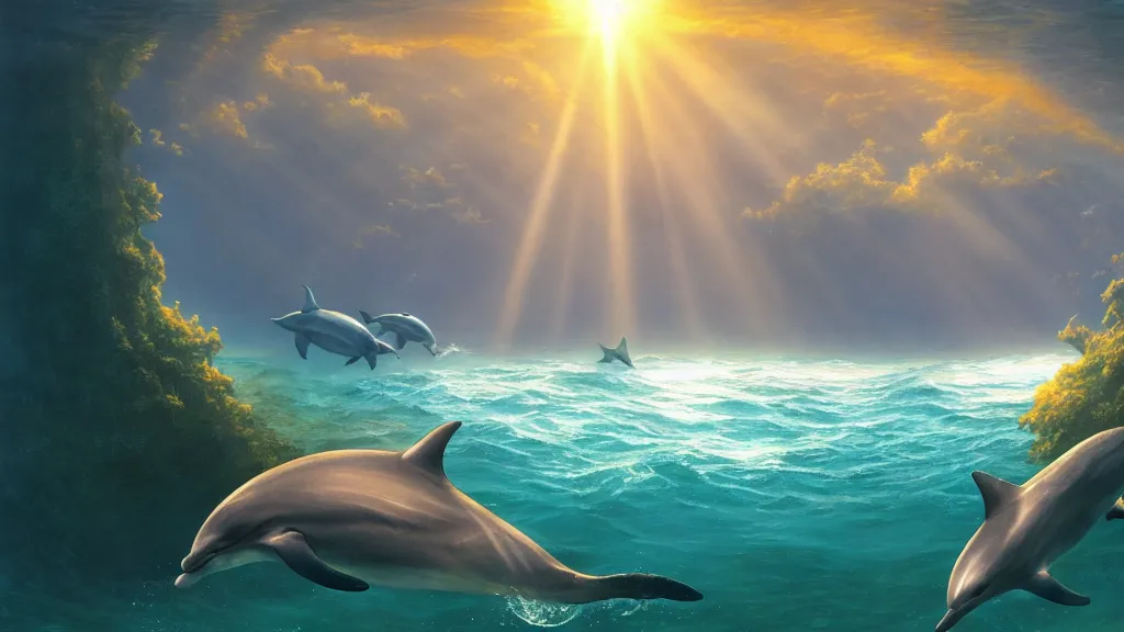 Prompt: underwater sea, summer, sun rays shining through the surface, dolphins swimming, peaceful, amazing, by andreas rocha and john howe, and Martin Johnson Heade, featured on artstation, featured on behance, golden ratio, ultrawide angle, f32, well composed